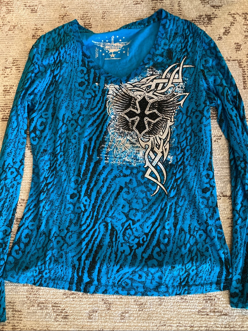 Blue Graphic Long-Sleeve V-Neck Top